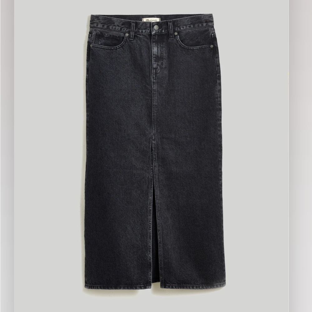 Madewell black denim skirt with slit, waist size 24